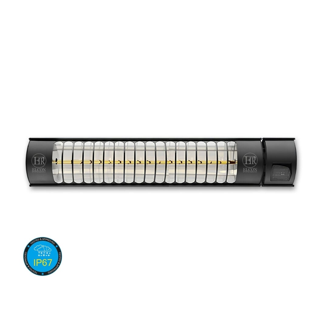 Siyah alüminyum gövdeli, kapalı konumdaki IP67 tam su geçirmez ELCON RCH-2500/6 elektrikli restoran ve kafe ısıtıcısı.