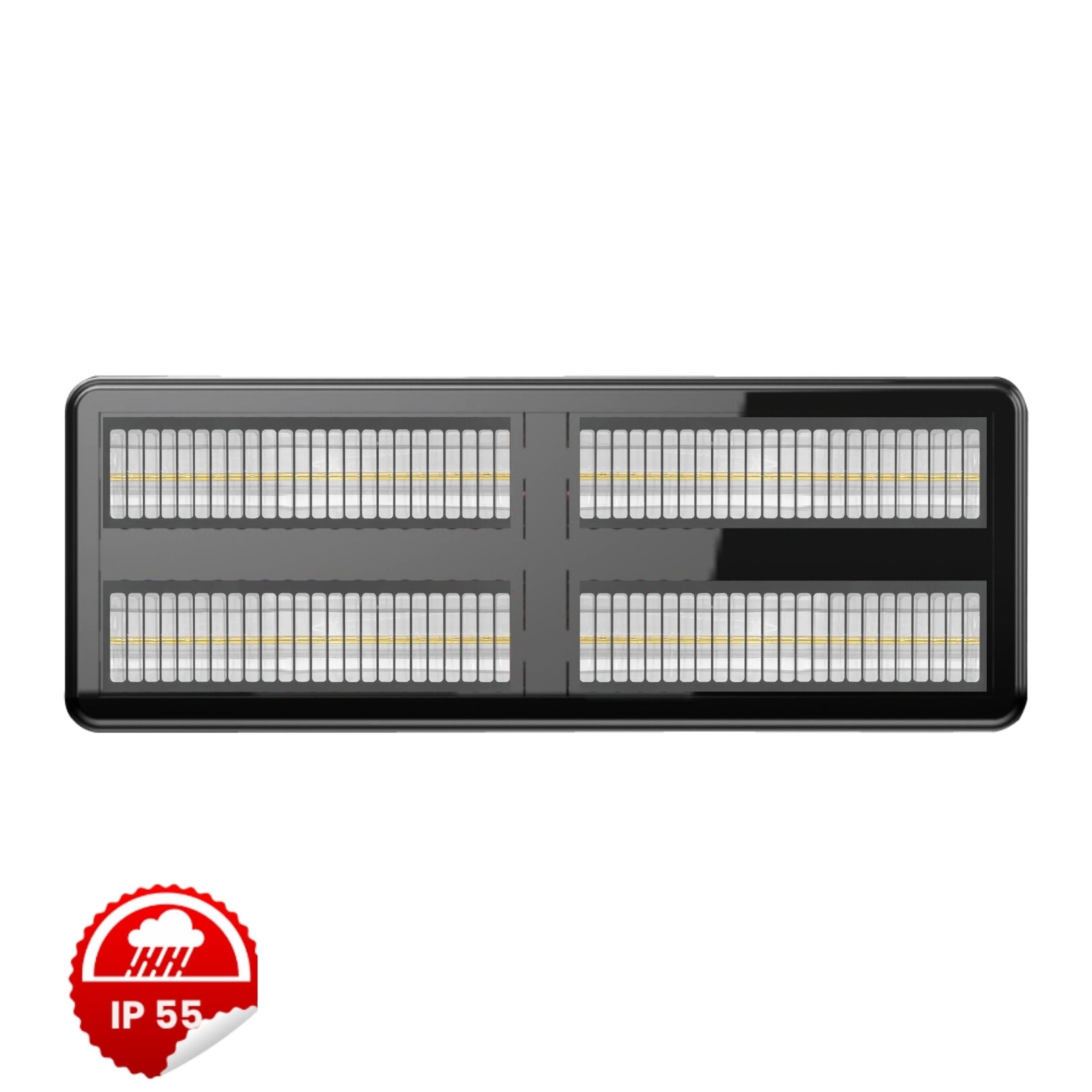 4 lambalı tasarıma sahip, IP55 su ve toz korumalı kapalı konumdaki ELCON EIR-TH-8 Infrared Fabrika Isıtıcısı ön görünümü.